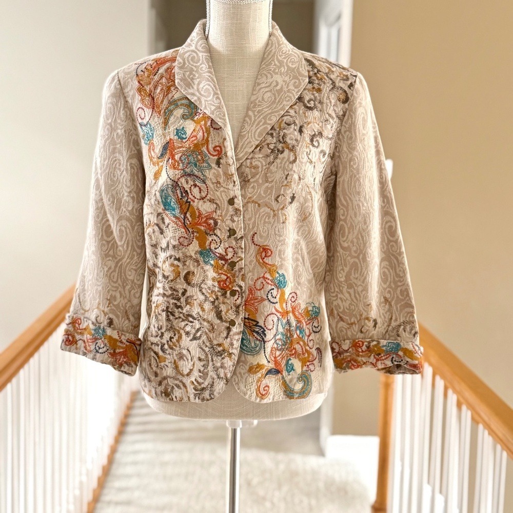 Coldwater Creek Embroidered Linen Blend Blazer Tan Floral Jacquard Jacket 10